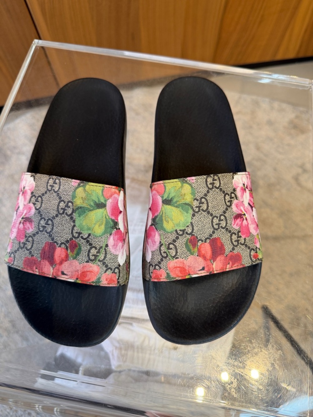 Gucci Floral Monogram Slide Sandals in Black with Pink and Green Accents - Picture 11 of 12